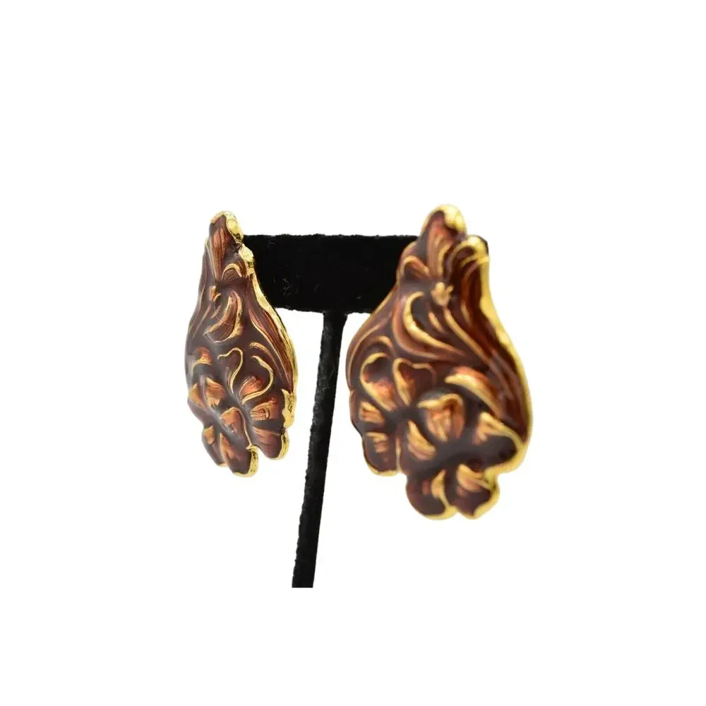 Vintage Statement Floral Abstract Enamel Earrings Brown Gold Chunky NOS 80s 9L